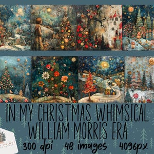 No Natal William Morris Inspired Whimsical Era Sheets, 48 PNG Graphics, Vintage Xmas Paper Crafts, Download instantâneo, Junk Journal, CU