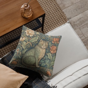 William Morris Inspired Pillow, Cat in a Forest Pillow, Floral Cottagecore Pattern, Forestcore, William Morris Pillow, Floral Home Decor