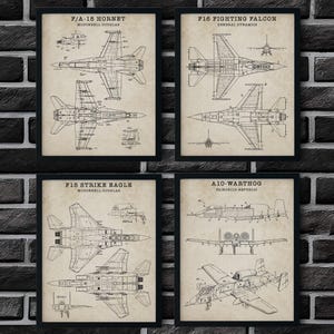 Military Jet Wall Art Prints - Set of 4 - 8x10 UNFRAMED US Military Aviation Wall Decor. F18, F16, F15, and A10 Warthog for Man Cave, Office