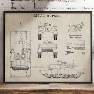 M1A1 Abrams Main Battle Tank Wall Art Print - 14x11 UNFRAMED US Military Themed Picture. Vintage Blueprint Grunt Style WW2 Gift for Men.