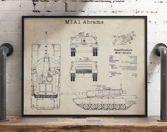 Puede incluir: Un dibujo en blanco y negro de un tanque M1A1 Abrams. El dibujo muestra el tanque desde los lados, la parte superior y la parte frontal. El dibujo también incluye especificaciones del tanque, como su longitud, ancho, peso y armamento. El texto "M1A1 Abrams" está en la parte superior del dibujo.
