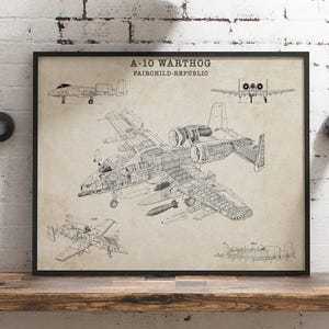 May include: A black and white line drawing of an A-10 Warthog aircraft, also known as the Fairchild-Republic A-10 Thunderbolt II. The drawing shows the aircraft in various views, including a side view, a top view, and a cutaway view. The drawing is labeled with the aircraft's name and manufacturer.