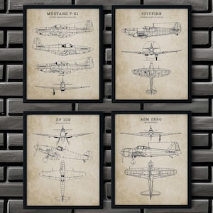 World War 2 Fighter Plane Wall Art Prints (Set of 4) 11x14 or 8x10 UNFRAMED Vintage Art. WW2 Memorabilia Wall Decor. Military Gift for Men.
