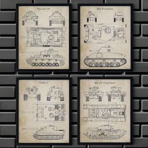 World War 2 Tanks Wall Art Print (Set of 4) 8x10 UNFRAMED Vintage Blueprint Art. WW2 Memorabilia Wall Decor. US Military Gifts for Men.