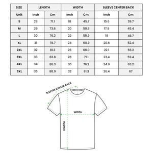 Puede incluir: Una tabla blanca que detalla las medidas de una camiseta en pulgadas y cent&iacute;metros. Las tallas van de la S a la 5XL, con largos de 71,1 cm a 88,9 cm y anchos de 45,7 cm a 81,3 cm. Tambi&eacute;n se incluyen las medidas de la espalda de la manga.
