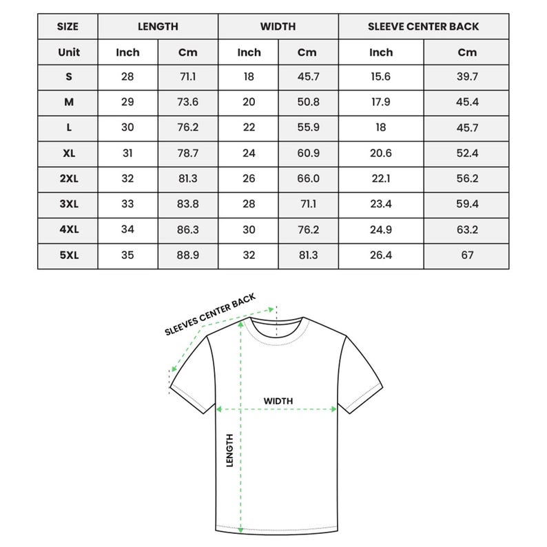 Puede incluir: Una tabla blanca que detalla las medidas de una camiseta en pulgadas y cent&iacute;metros. Las tallas van de la S a la 5XL, con largos de 71,1 cm a 88,9 cm y anchos de 45,7 cm a 81,3 cm. Tambi&eacute;n se incluyen las medidas de la espalda de la manga.