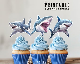 Shark Cupcake Toppers PRINTABLE Cake Topper Great White Shark Boys Birthday Party Decorations, Under the Sea, Instant Digital Download