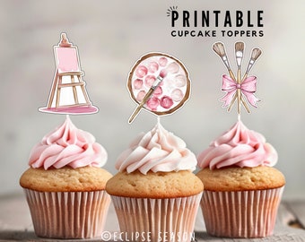 Paint Theme Party PRINTABLE Easel Cake Toppers Girls Birthday Artist Cupcake Decorations Paint Palette Brushes Coquette Pink Bow Art Cut Out