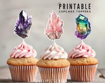 Crystal Cupcake Toppers PRINTABLE Zodiac Birthday Cake Topper Rose Quartz Crystal, Amethyst Birthday Party Cupcake Decorations Downloadable
