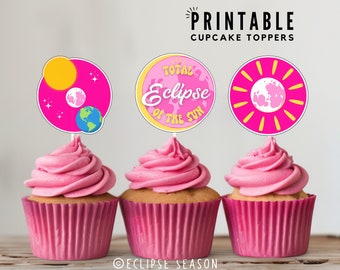 Eclipse Party PRINTABLE Cake Toppers, Pink Total Solar Eclipse Cupcake Toppers, Eclipse Party Decorations, Digital Download, Eclipse Season