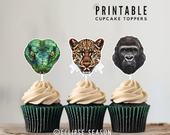 Jungle Printable Cupcake Toppers Boys Birthday Party Decorations Rainforest Jungle Theme Cake Picks Snake, Jaguar, Gorilla, Digital Download