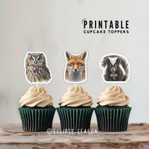 PRINTABLE Woodland Animal Cupcake Toppers Baby Shower Woodland Cake Decorations, Printable Real Animals Fox, Skunk, Owl, Deer, Raccoon, Bear