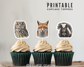 PRINTABLE Woodland Animal Cupcake Toppers Baby Shower Woodland Cake Decorations, Printable Real Animals Fox, Skunk, Owl, Deer, Raccoon, Bear