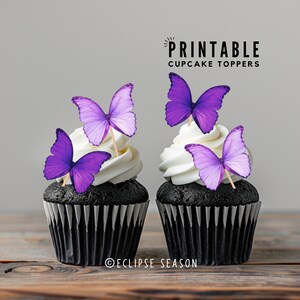 Butterfly Kisses Baby Shower PRINTABLE Butterfly Cupcake Pics, Digital Baby Shower Butterfly Theme,   Purple Butterflies Cake Topper Decor
