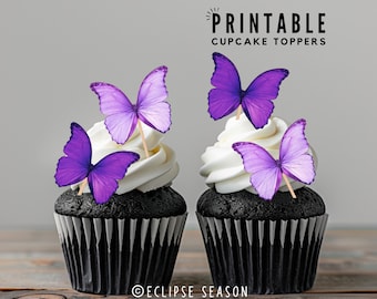 Butterfly Kisses Baby Shower PRINTABLE Butterfly Cupcake Pics, Digital Baby Shower Butterfly Theme,   Purple Butterflies Cake Topper Decor