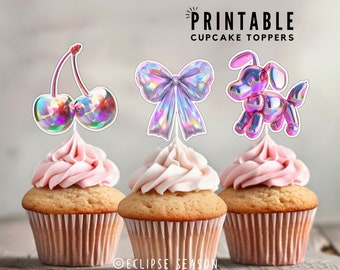 Foil Mylar Balloon PRINTABLE Cupcake Topper, Mylar Balloon Animal Dog, Cherry Foil Balloon, Coquette Pink Bow Girl Birthday Cake Decorations