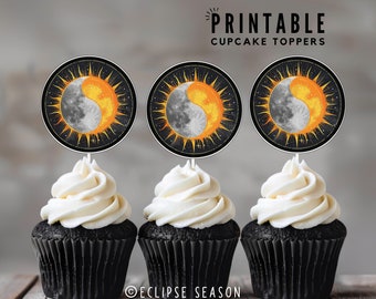 PRINTABLE Eclipse 2024 Cupcake Toppers Total Solar Eclipse Cake Topper Eclipse Season Kid Birthday Party Decoration Instant Digital Download