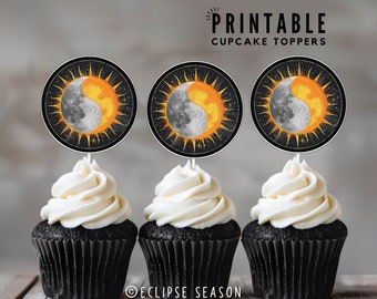 PRINTABLE Eclipse 2026 Cupcake Toppers Total Solar Eclipse Cake Topper Eclipse Season Kid Birthday Party Decoration Instant Digital Download