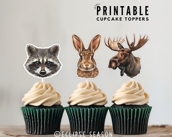 Forest Animals PRINTABLE Cupcake Toppers Baby Shower Woodland Animals Printable Cake Decorations, Moose, Rabbit, Raccoon, Digital Download