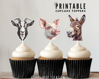 PRINTABLE Farm Animal Cupcake Toppers Party Animals Birthday Cake Decorations, Donkey, Pig, Horse, Cow, Chicken, Goat, Instant Download PNG