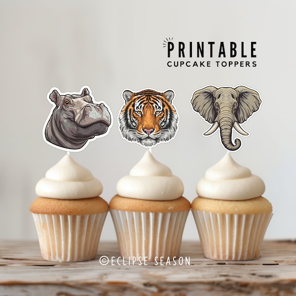 PRINTABLE Safari Cake Topper Safari Animal Birthday Cupcake Decoration Safari Party Hippo Tiger Elephant Instant Download PNG Eclipse Season