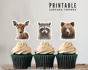 Forest Animal Cake Toppers PRINTABLE Forest Birthday Party Cupcake Decorations, Printable Real Animals Fox, Skunk, Owl, Deer, Raccoon, Bear