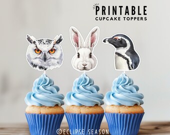 Arctic Animals PRINTABLE Cupcake Toppers Baby Shower Printable Cake Decorations Snowy Owl, Rabbit, Penguin Winter Animals, Digital Download