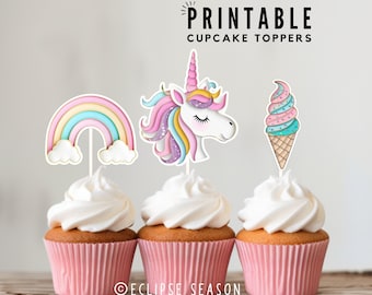 Unicorn Cupcake Topper PRINTABLE Girl Birthday Cake Topper Rainbow Ice Cream Unicorn Birthday Party Cupcake Decoration Unicorn Horn Download