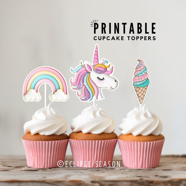 Unicorn Cupcake Topper PRINTABLE Girl Birthday Cake Topper Rainbow Ice Cream Unicorn Birthday Party Cupcake Decoration Unicorn Horn Download