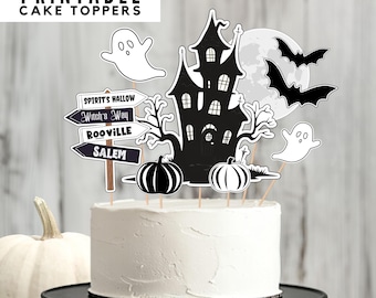 Halloween Cake Topper Cutouts Spooky Party Centrepiece Haunted House Ghost Cupcake Toppers Black and White Decorations PRINTABLE PNG