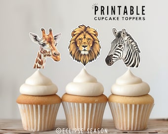 Safari Animals PRINTABLE Cupcake Toppers Safari Baby Shower Party Decorations Kids Birthday Safari Cake Topper Giraffe Lion Zebra Download