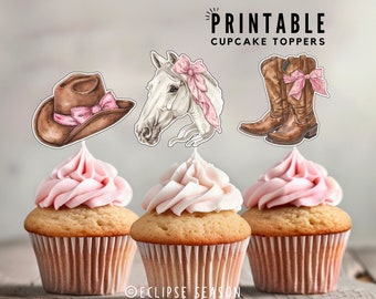 Pink Western Cowgirl PRINTABLE Cake Toppers Horse Coquette Pink Bow Party Decorations Country Girl Birthday Cupcake Toppers, Eclipse Season