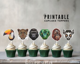 Jungle Cupcake Toppers PRINTABLE Cake Topper Jungle Animals Birthday Party Decorations Jungle Baby Shower Event Decor, PNG Digital Download