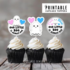 Our Little Boo Is Almost Due Cake Topper Babyshower Blue or Pink Halloween Gender Reveal Cupcake Decorations Baby Shower, PRINTABLE CUTOUTS