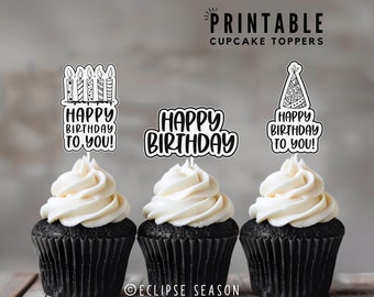 Happy Birthday Cake Toppers PRINTABLE Birthday Cupcake Decorations Candle Cake Topper Birthday For Him Man Boys Black and White Download PNG