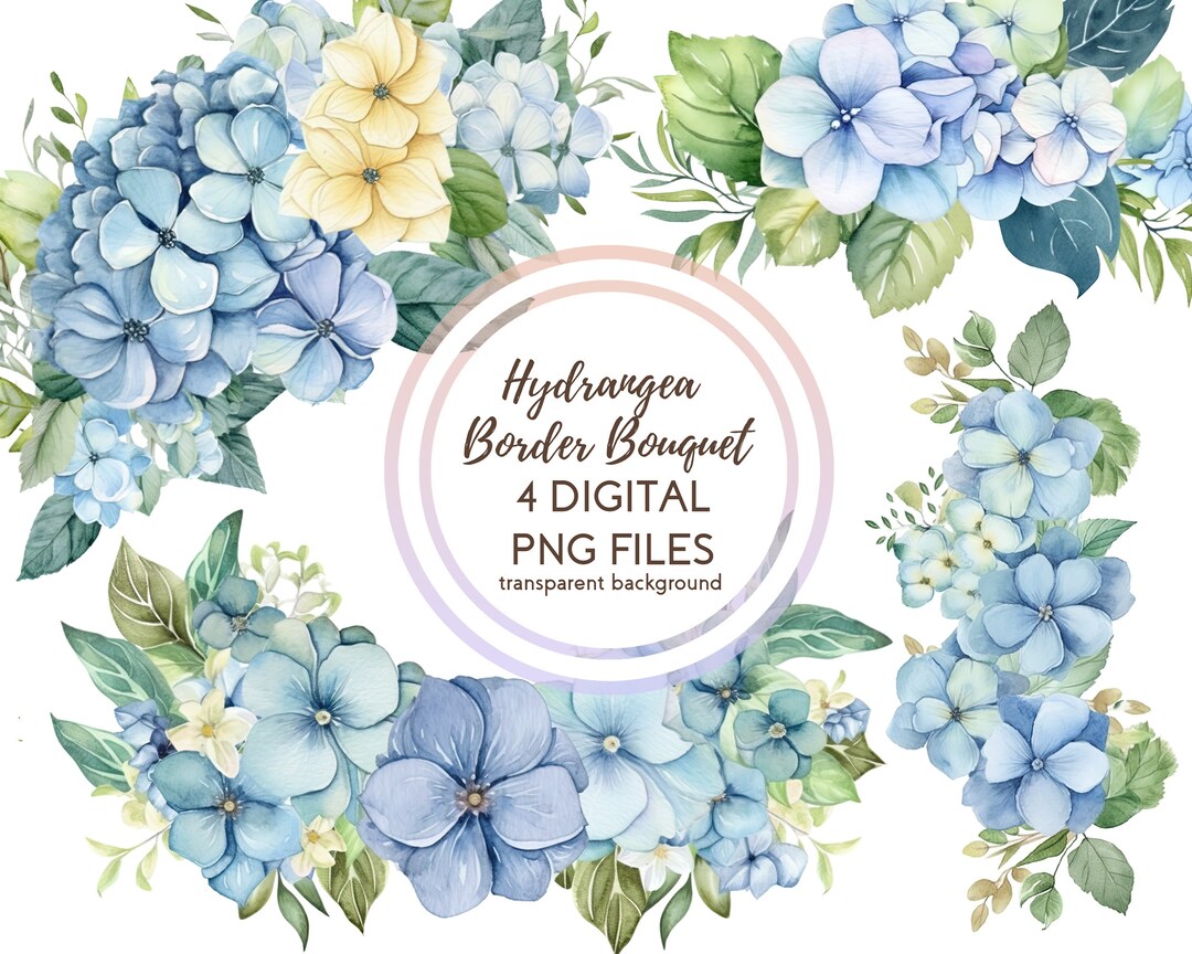 Blue Hydrangea Border Bouquet Clipart PNG, Floral Watercolor Design for