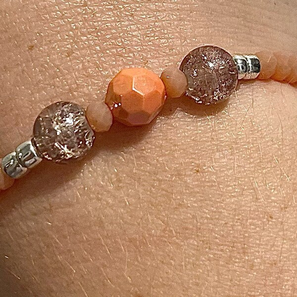 Pastel Orange Shimmery Reflective Light Catching and Silver Beaded Stretch Bracelet