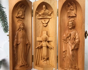 Handmade Prayer Altar Catholic Triptych, Wood Carving, portable catholic statue home art decor gifts Housewarming,Christmas for women,men