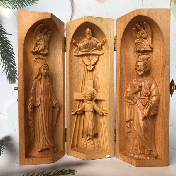 Handmade Prayer Altar Catholic Triptych, Wood Carving, portable catholic statue home art decor gifts Housewarming,Christmas for women,men