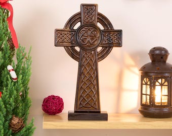 Hand-Carved Celtic Wooden Cross: Tabletop or Wall Hanging