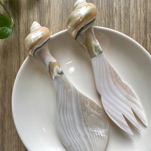 May include: A set of two white and brown seashell salad servers. The server on the left is a spoon and the server on the right is a fork. The servers are on a white plate.