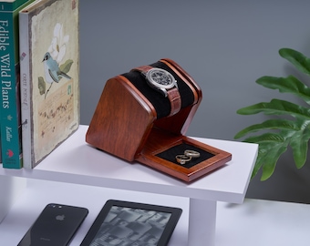 Wooden Watch Stand with Ring Storage: Men's Watch Display