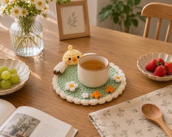 Handmade Crochet Chicken Mug Rug, Yarn Drink Coaster, Desk & Reading Table Decor, Gift for Parents, Crochet Coaster for Tea, Coffee