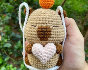 Crochet Capybara Car Hanging, Crochet Car Charm, Amigurumi Capybara, Hamburger Crochet Toy, Cute Rear View Mirror Decor Gift