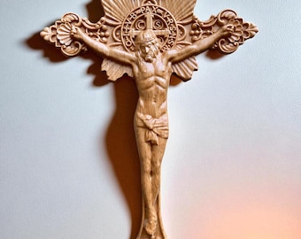 Hand Carved Wooden Crucifix Cross: Catholic Home Altar Art