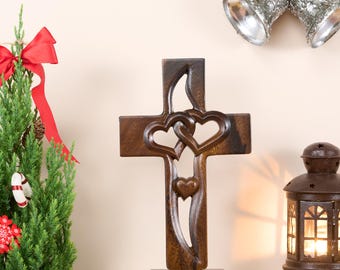 Hand-Carved Wooden Cross with Double Hearts - Religious Wall Hanging