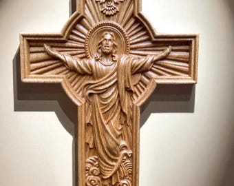 Hand-Carved Risen Christ Wall Cross: Catholic Easter Decor