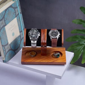 Handmade Wood Watch Stand for Two Watches with Ring Storage