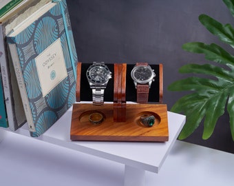 Handmade Wood Watch Stand for Two Watches with Ring Storage
