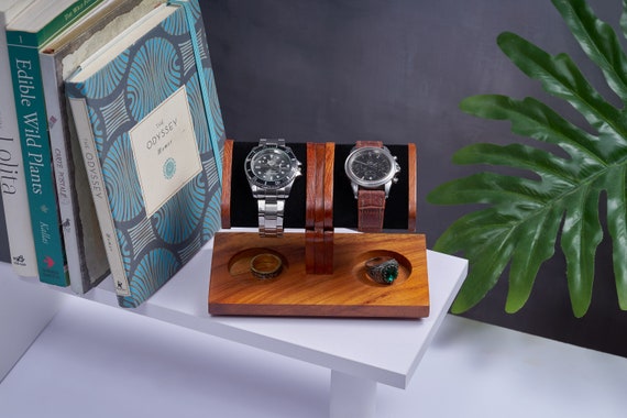 Handmade Wood Watch Stand for Two Watches with Ring Storage